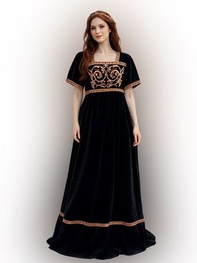 Vintage black velvet embroidered short sleeve maxi dress regency renaissance S/M